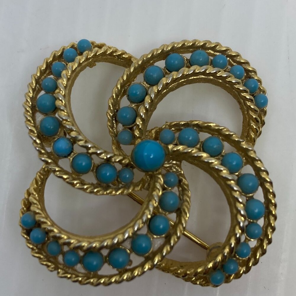 Vtg 1960 SPHINX turquoise glass beads gold tone numbered 0928 brooch